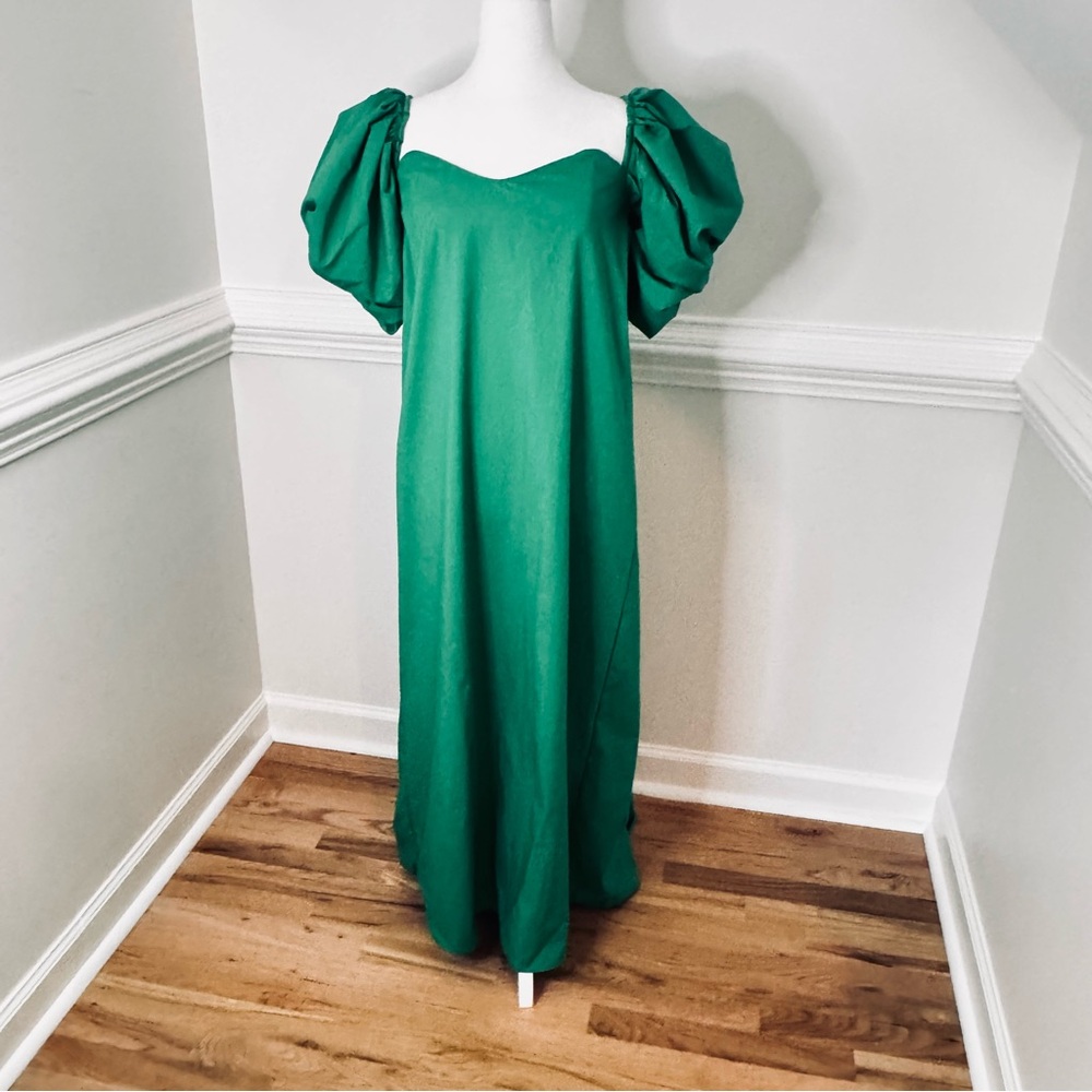Caroline Constas Green Puff Sleeve Maxi Column Gown